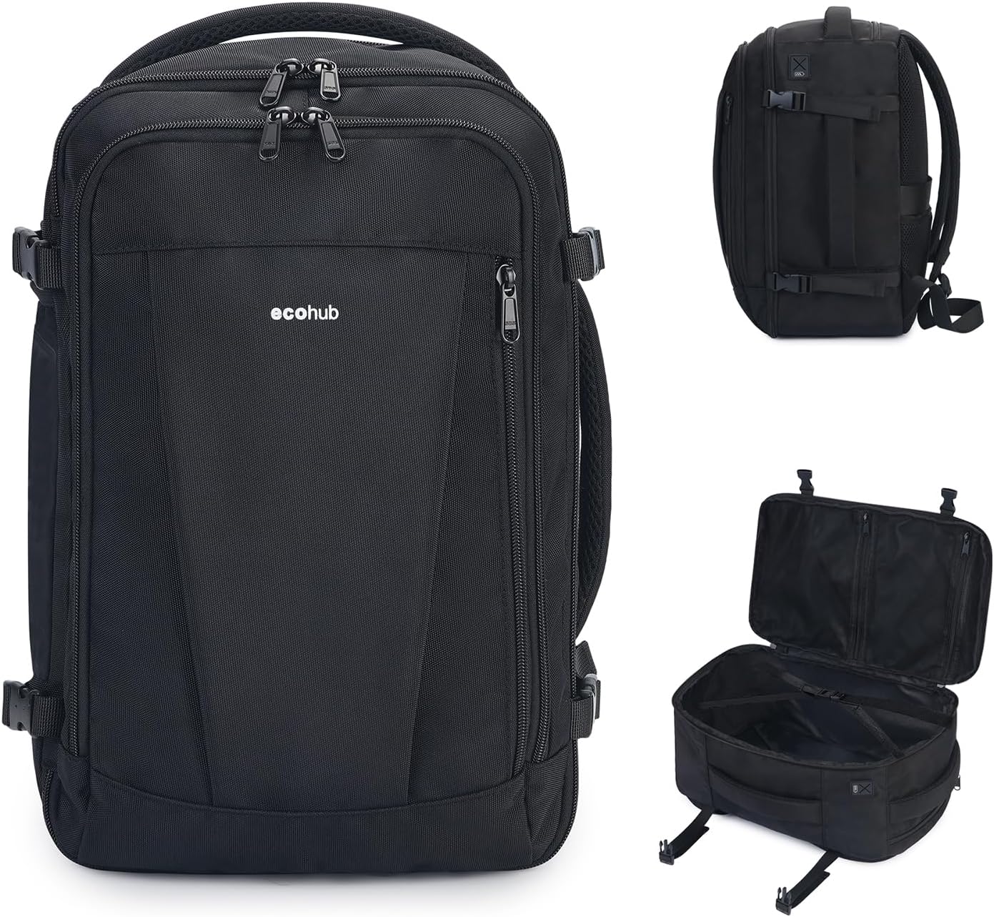 ECOHUB 16'' Travel Backpack Underseat Carry on Backpack Personal Item Travel Bag Airplane with 13 Pockets Carry on Luggage Water Bottle Holder USB Charging Port Casual Daypack for Women Men Black