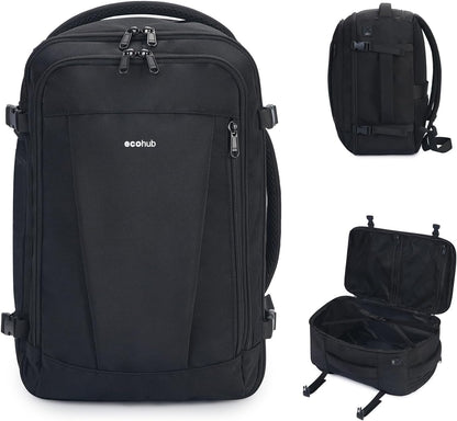 ECOHUB 16'' Travel Backpack Underseat Carry on Backpack Personal Item Travel Bag Airplane with 13 Pockets Carry on Luggage Water Bottle Holder USB Charging Port Casual Daypack for Women Men Black