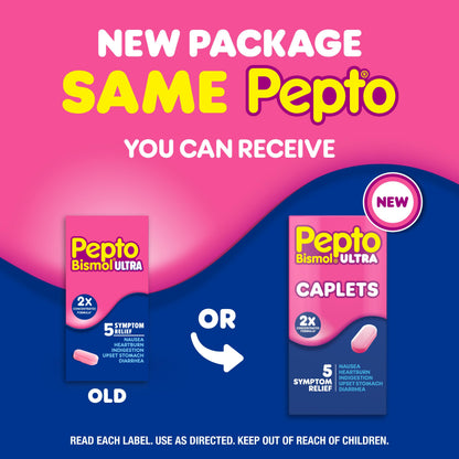 Pepto Bismol Ultra Caplets, Upset Stomach Relief, Nausea Relief, Heartburn Relief, Indigestion Relief, Anti Diarrhea Medication for Adults - 5 Symptom Relief, 48 ct (2x24 ct) (Pack of 12)
