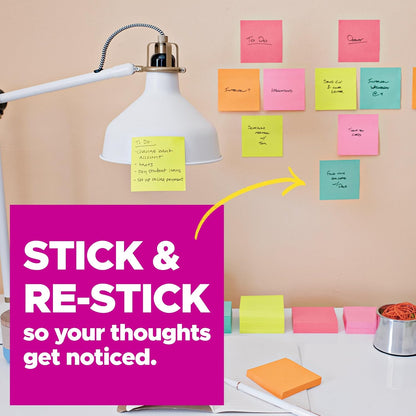 Post-it Super Sticky Haftnotizen, 5 Haftnotizblöcke, 76 x 76 mm, Schulbedarf, Bürobedarf, Haftnotizen für vertikale Flächen, Monitore, Wände und Fenster, Supernova Neons Kollektion
