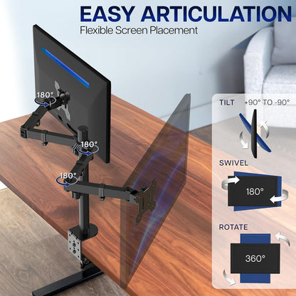 VIVO Dual-Monitor Tischhalterung, für 2 Bildschirme bis zu 30 Zoll und je 10 kg, Hochleistungs-Stahlständer voll verstellbar mit Klemme und Tülle, Schwarz, STAND-V002