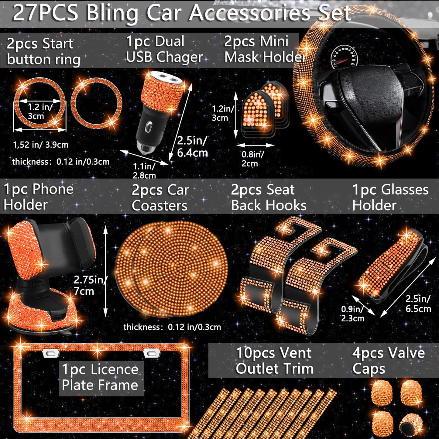 NBTEPEM 27-Piece Bling Car Accessories Set - Universal Fit Steering Wheel Covers, License Plate Frames, Phone Holder, Car Fast Charger, Coasters (Pink)
