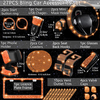 NBTEPEM 27-Piece Bling Car Accessories Set - Universal Fit Steering Wheel Covers, License Plate Frames, Phone Holder, Car Fast Charger, Coasters (Pink)