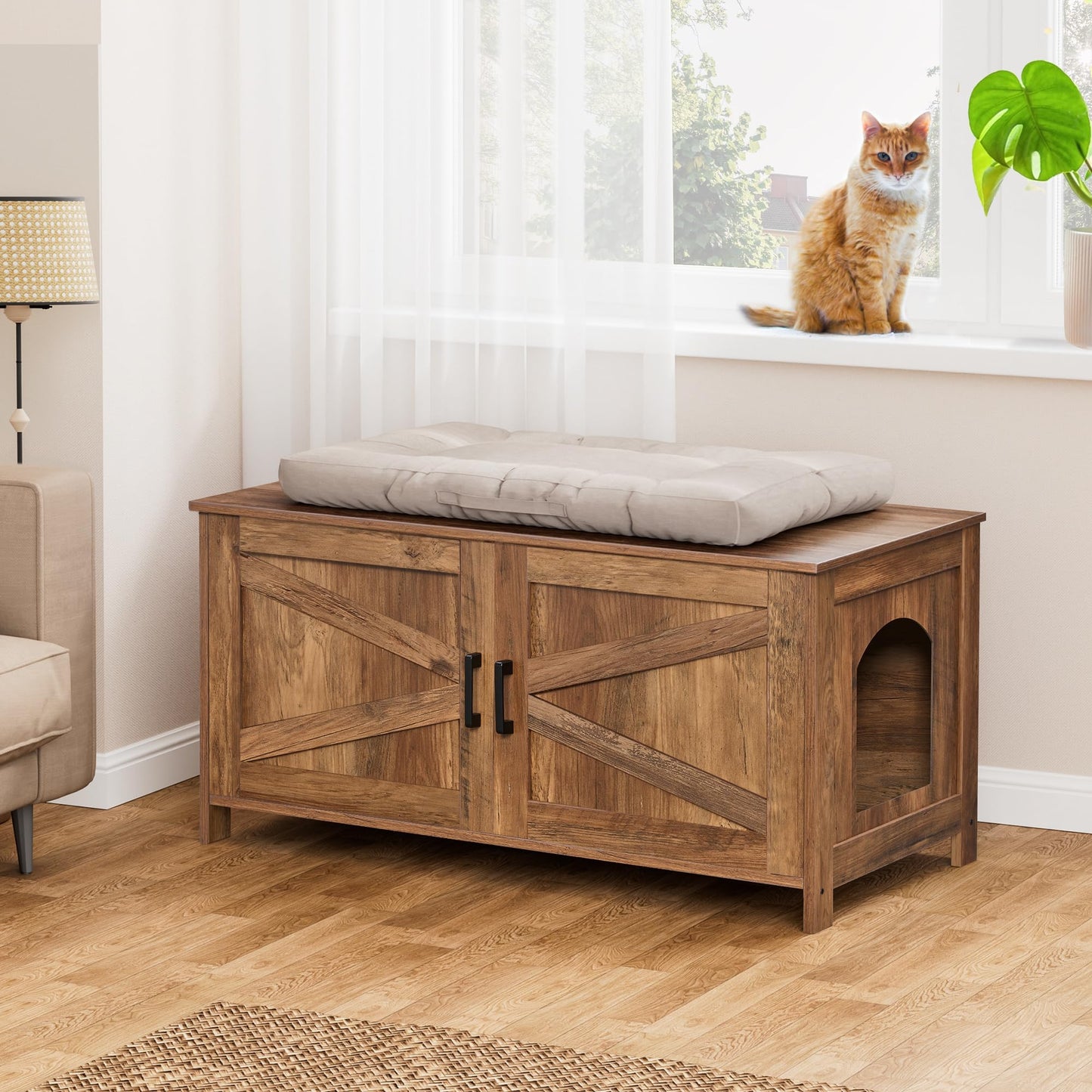 Homhedy Cat Litter Box Enclosure, Wooden Cat Washroom Furniture with Barn Door, Pet House, Fit Most of Litter Box, White