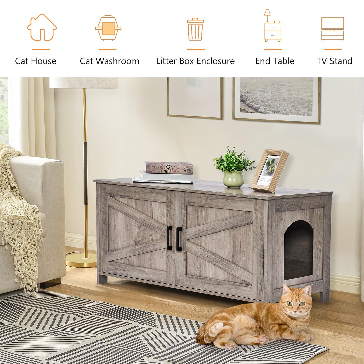 Homhedy Cat Litter Box Enclosure, Wooden Cat Washroom Furniture with Barn Door, Pet House, Fit Most of Litter Box, White