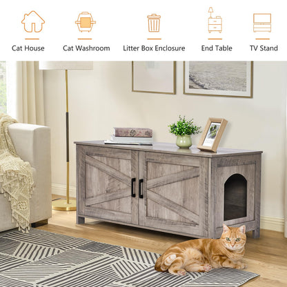 Homhedy Cat Litter Box Enclosure, Wooden Cat Washroom Furniture with Barn Door, Pet House, Fit Most of Litter Box, White