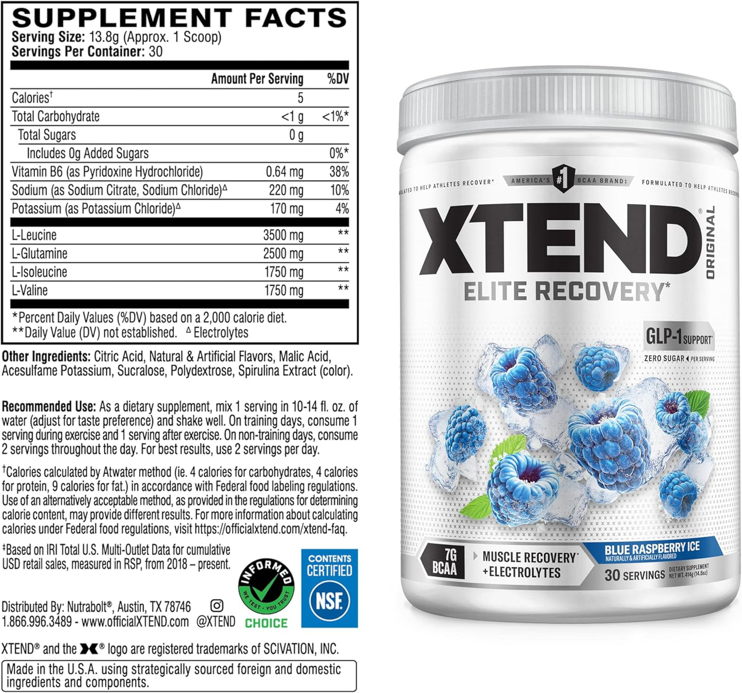 Scivation Xtend BCAA Powder, Branched Chain Amino Acids, BCAAs, Blue Raspberry, 30 Servings