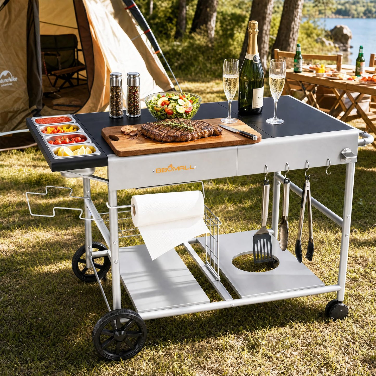 Pizza Oven Table Grill Cart with Topping Station, Grill Table Stand with Wheels for Ninja, Blackstone Griddle, Ooni, Gozney, Cuisinart, Heavy Duty BBQ Prep Cart with Storage Shelf and Hooks