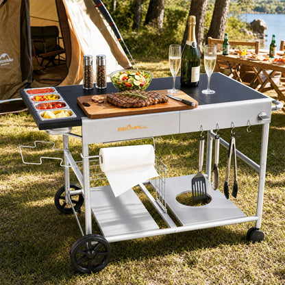 Pizza Oven Table Grill Cart with Topping Station, Grill Table Stand with Wheels for Ninja, Blackstone Griddle, Ooni, Gozney, Cuisinart, Heavy Duty BBQ Prep Cart with Storage Shelf and Hooks