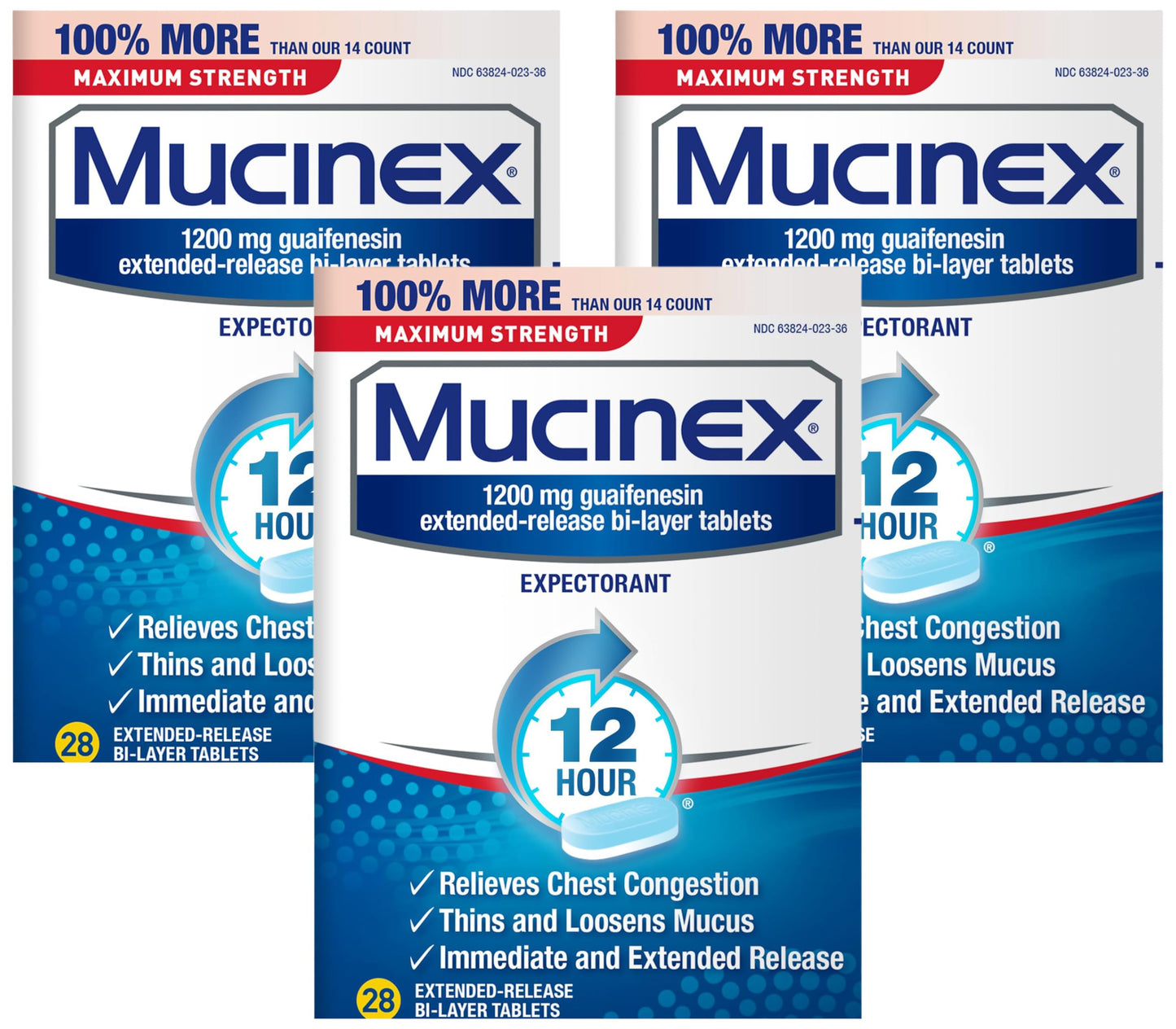 Mucinex Maximum Strength 12 Hour Chest Congestion Expectorant Relief Tablets, 1200 mg, 28 Count, Thins & Loosens Mucus (Pack of 3)