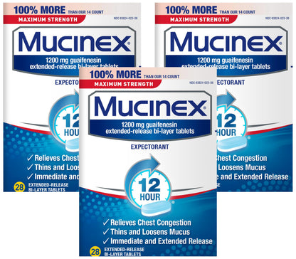 Mucinex Maximum Strength 12 Hour Chest Congestion Expectorant Relief Tablets, 1200 mg, 28 Count, Thins & Loosens Mucus (Pack of 3)