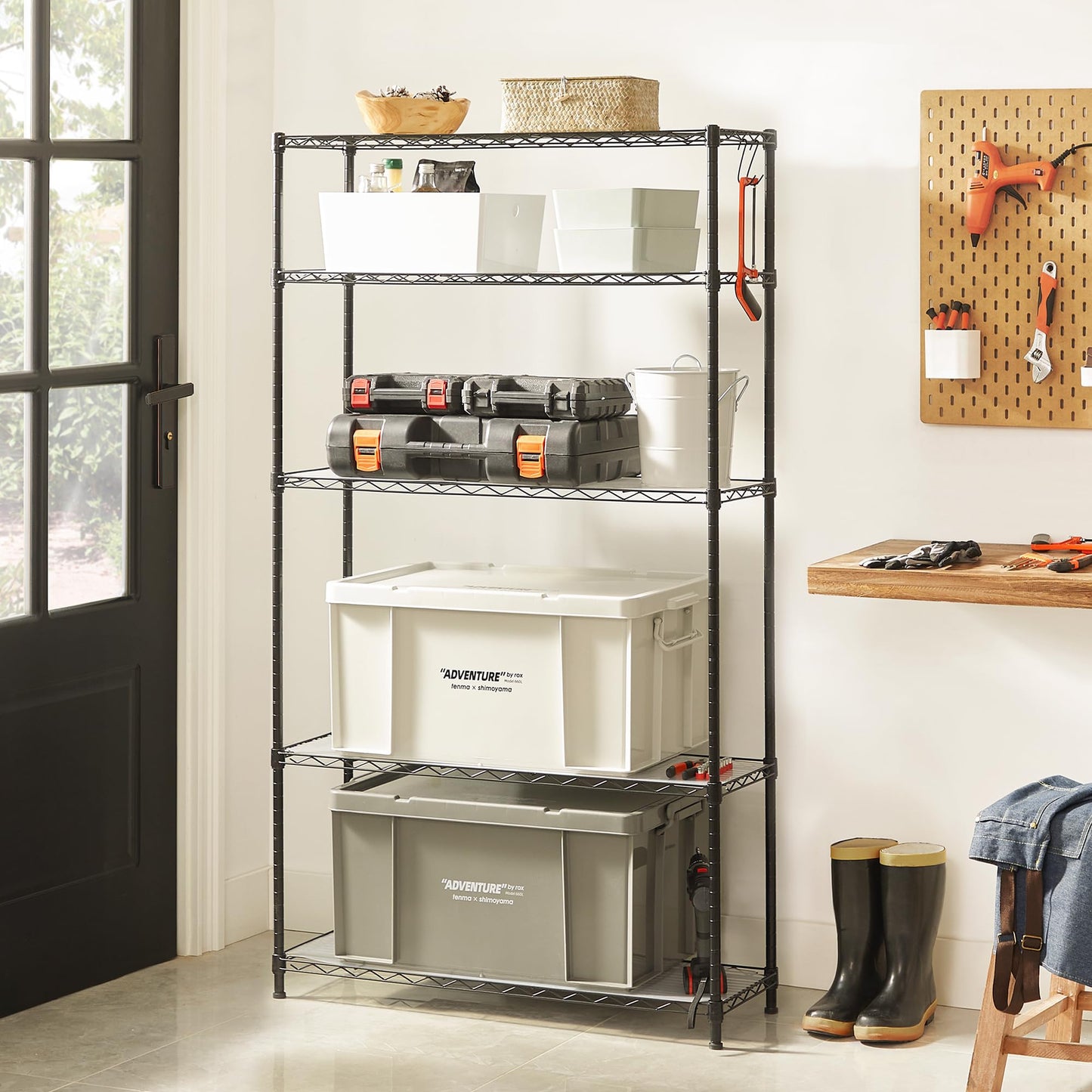 SONGMICS Storage Shelf, Small Metal Wire Shelving Unit, Adjustable Shelves, for Small Spaces, Garage, Bedroom, Living Room, Kitchen, Pantry, 5 Tier, 11.8 x 11.8 x 47.6 Inches, Ink Black ULGR123BH01