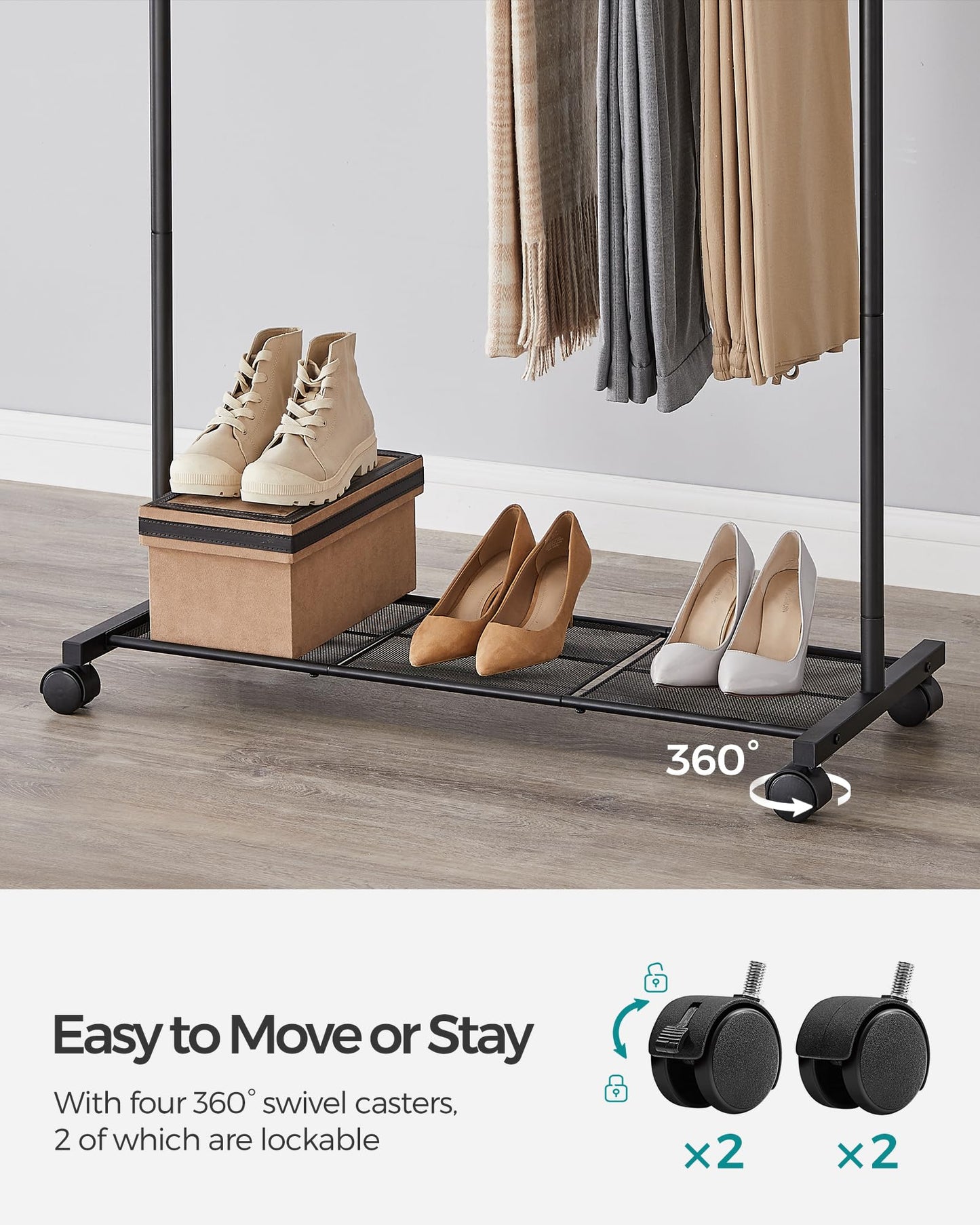 SONGMICS Clothes Rack with Wheels, Clothing Rack for Hanging Clothes, 25.4 mm Metal Garment Rack with Dense Mesh Storage Shelf, 110 lb Load Capacity, 2 Brakes, Black UHSR25BK