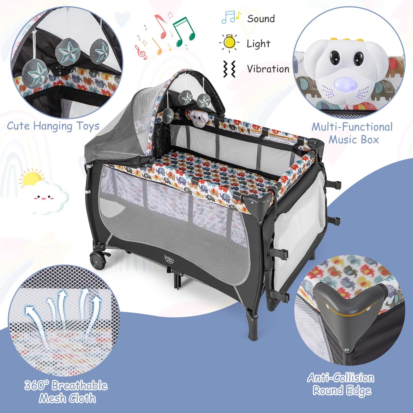 BABY JOY 4 in 1 Pack and Play with Canopy, Portable Baby Playard with Bassinet, Double-Layer Baby Crib, Wheels & Brake, Foldable Baby Girl Pink Bassinet from Newborn to Toddler