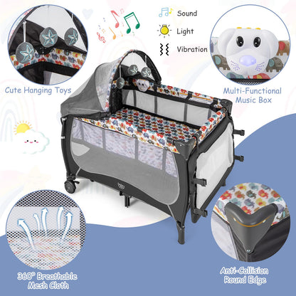 BABY JOY 4 in 1 Pack and Play with Canopy, Portable Baby Playard with Bassinet, Double-Layer Baby Crib, Wheels & Brake, Foldable Baby Girl Pink Bassinet from Newborn to Toddler
