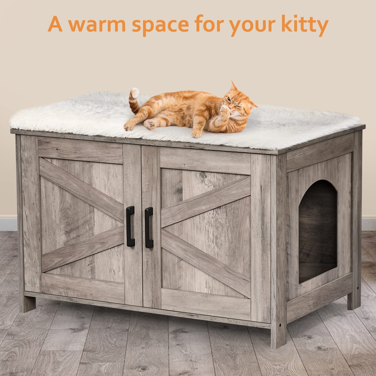 Homhedy Cat Litter Box Enclosure, Wooden Cat Washroom Furniture with Barn Door, Pet House, Fit Most of Litter Box, White
