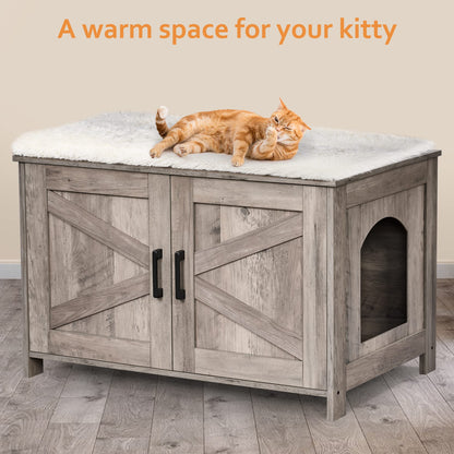 Homhedy Cat Litter Box Enclosure, Wooden Cat Washroom Furniture with Barn Door, Pet House, Fit Most of Litter Box, White