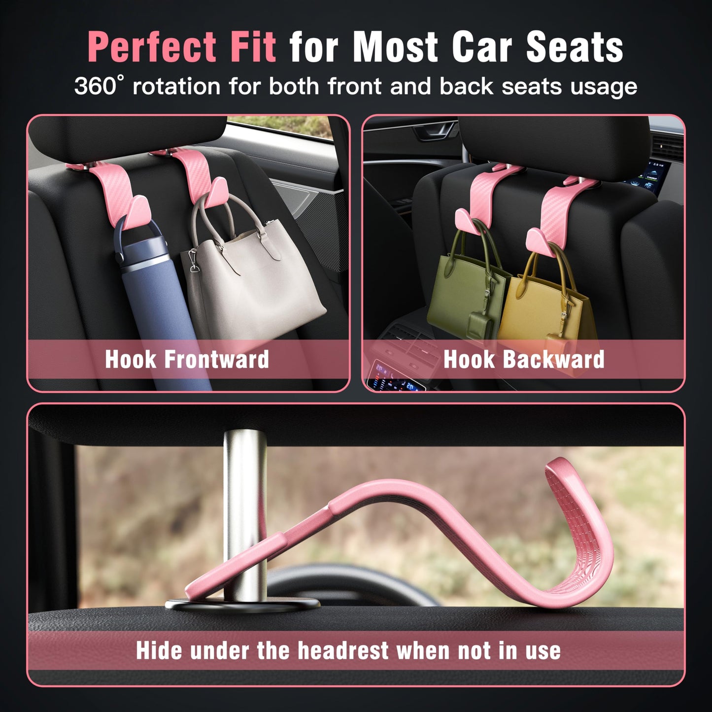Amooca 4-Pack Car Headrest Hooks Vehicle Storage Organizer for Purses Handbags Groceries Backpack Coats –Holds 55lbs 360° Rotating Black