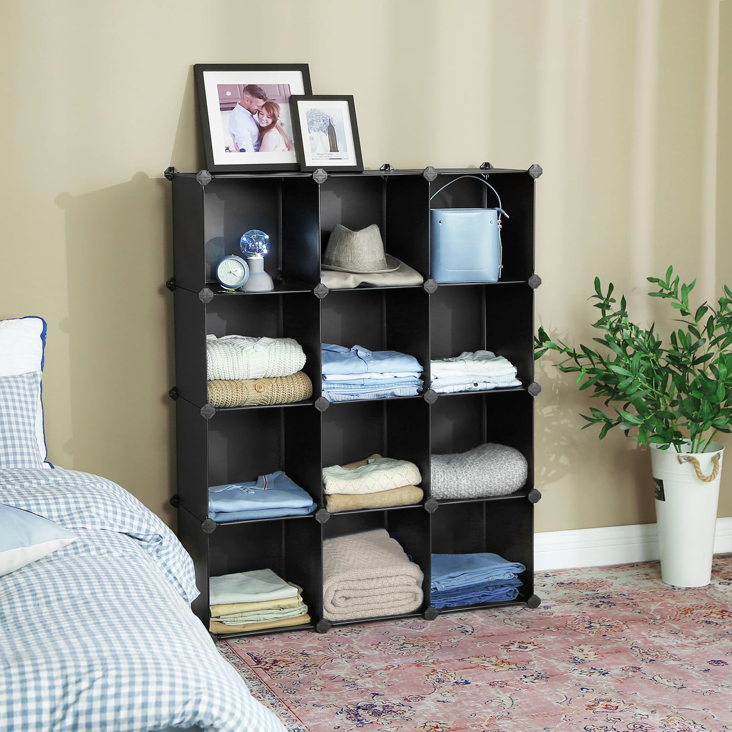 SONGMICS Cube Storage Organizer, Set of 16 Plastic Cubes, Closet Organizers and Storage, Room Organization, Bedroom Living Room, 12.2 x 48.4 x 48.4 Inches, Rustic Brown ULPC442A01