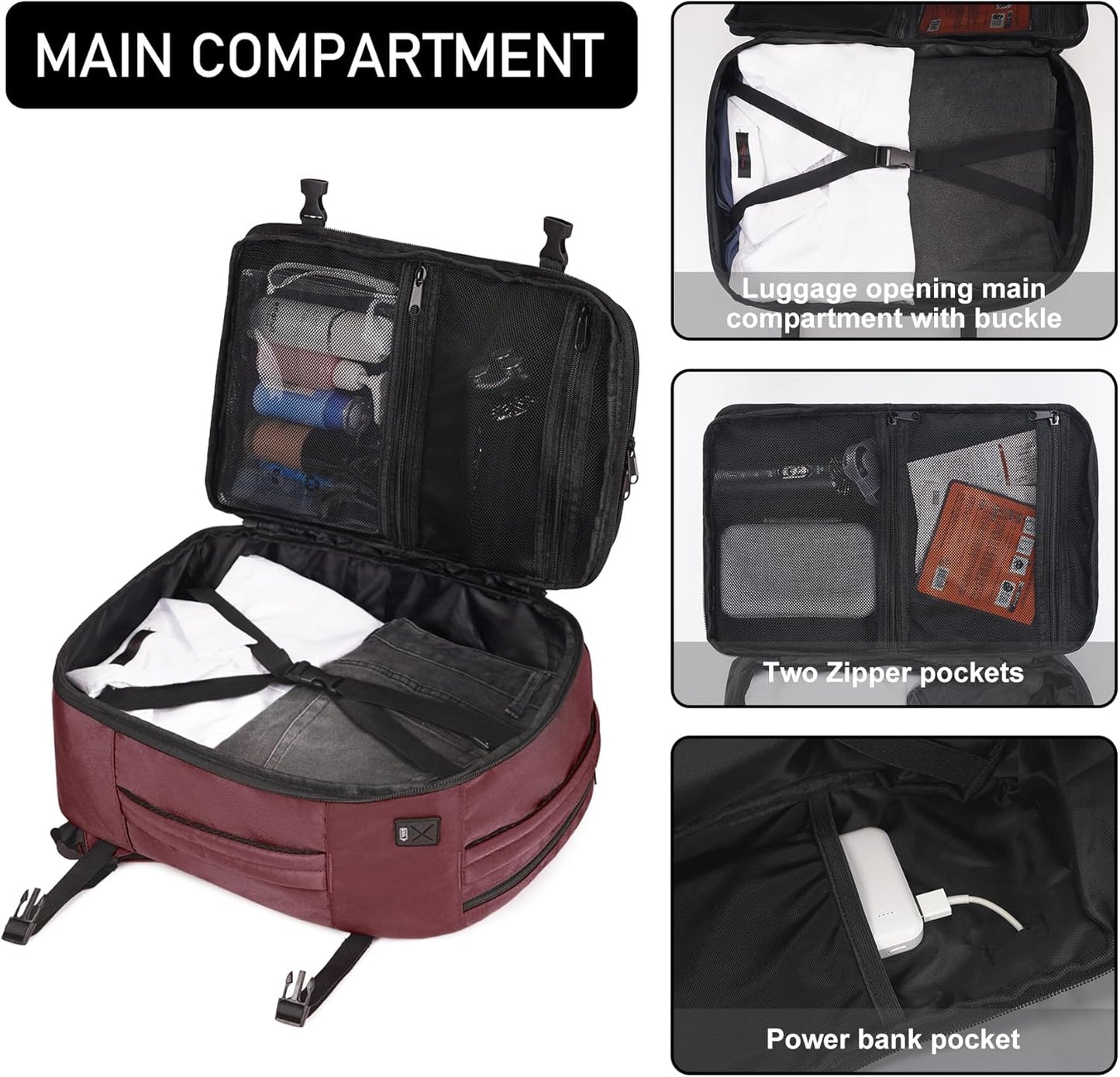 ECOHUB 16'' Reise-Rucksack Handgepäck Unterseat-Rucksack Persönlicher Gegenstand Flugzeug-Reisetasche mit 13 Taschen Handgepäck Flaschenhalter USB-Ladeanschluss Casual Daypack für Frauen Männer Schwarz