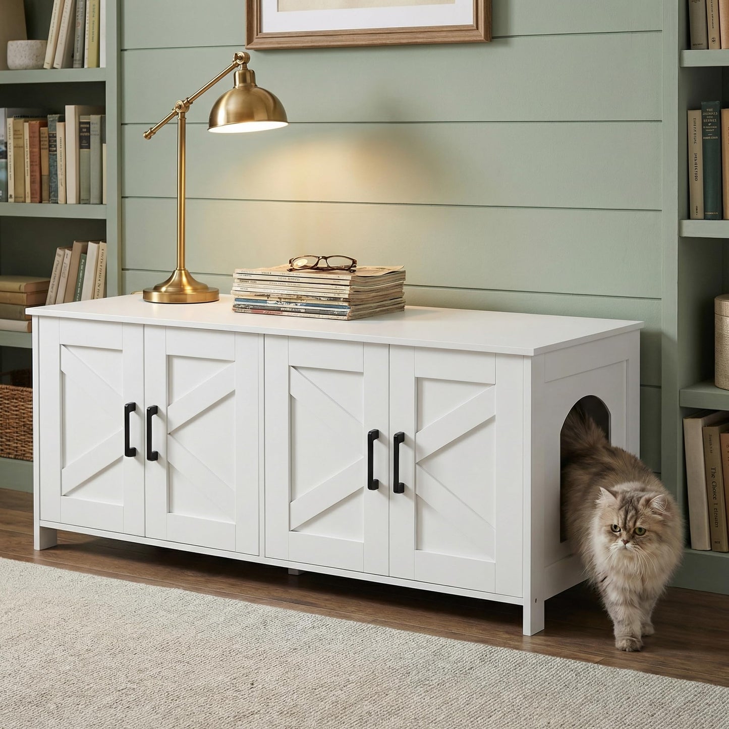Homhedy Cat Litter Box Enclosure, Wooden Cat Washroom Furniture with Barn Door, Pet House, Fit Most of Litter Box, White