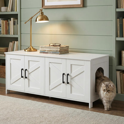 Homhedy Cat Litter Box Enclosure, Wooden Cat Washroom Furniture with Barn Door, Pet House, Fit Most of Litter Box, White