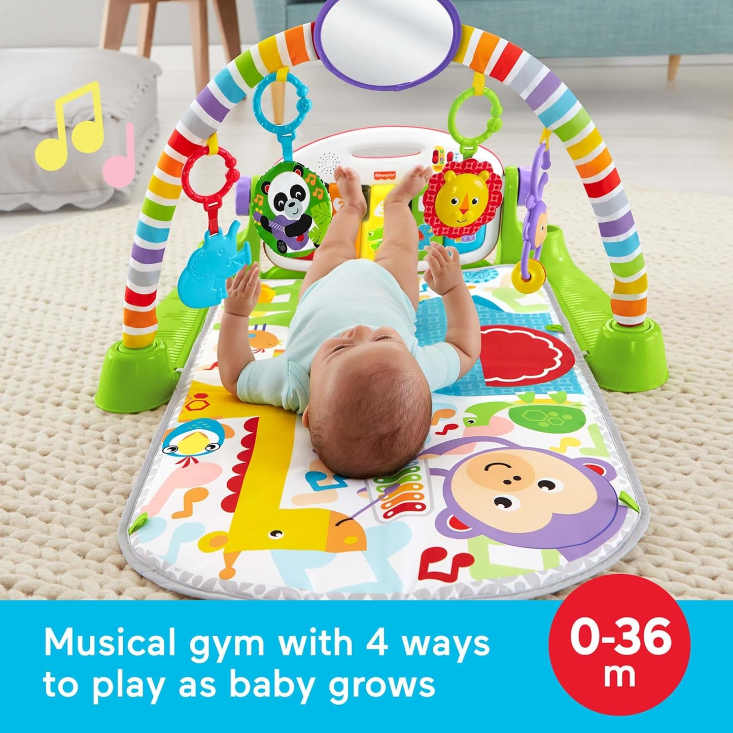 Fisher-Price Baby Spielmatte Deluxe Kick & Play Klavier-Gym Lernspielzeug & 2 Maracas Weiche Rasseln für Neugeborene bis Kleinkinder ab 0 Monaten