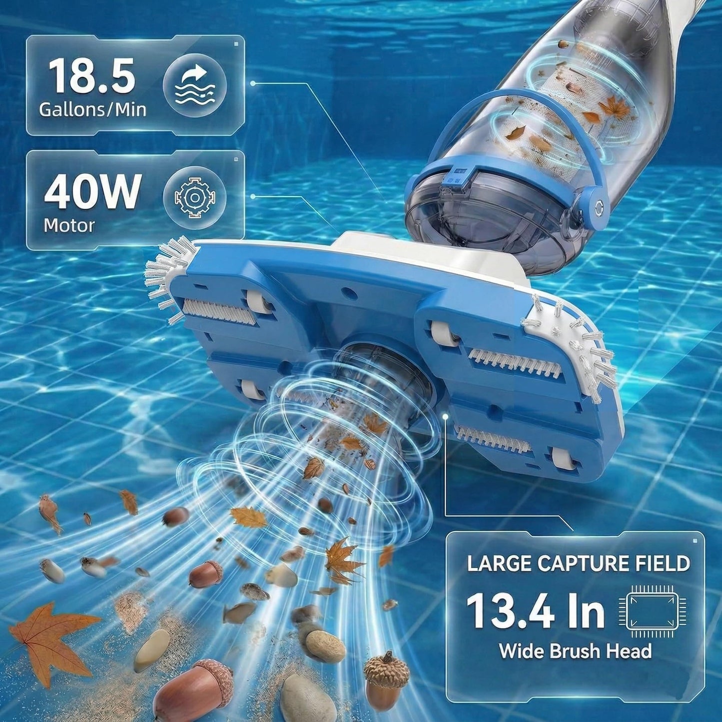 Cordless Pool Vacuum for Above Ground & Inground Pools, Consciot Handheld Rechargeable Pool Cleaner with 1110 GPH Suction, Telescopic Pole up to 87.5", 1H Runtime, See-Through Head for Debris & More