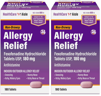 HealthCareAisle Allergy Relief - Fexofenadine Hydrochloride Tablets USP, 180 mg - 180 Tablets - Allergy Medication, Non-Drowsy 24-Hour Relief, (Pack of 2)