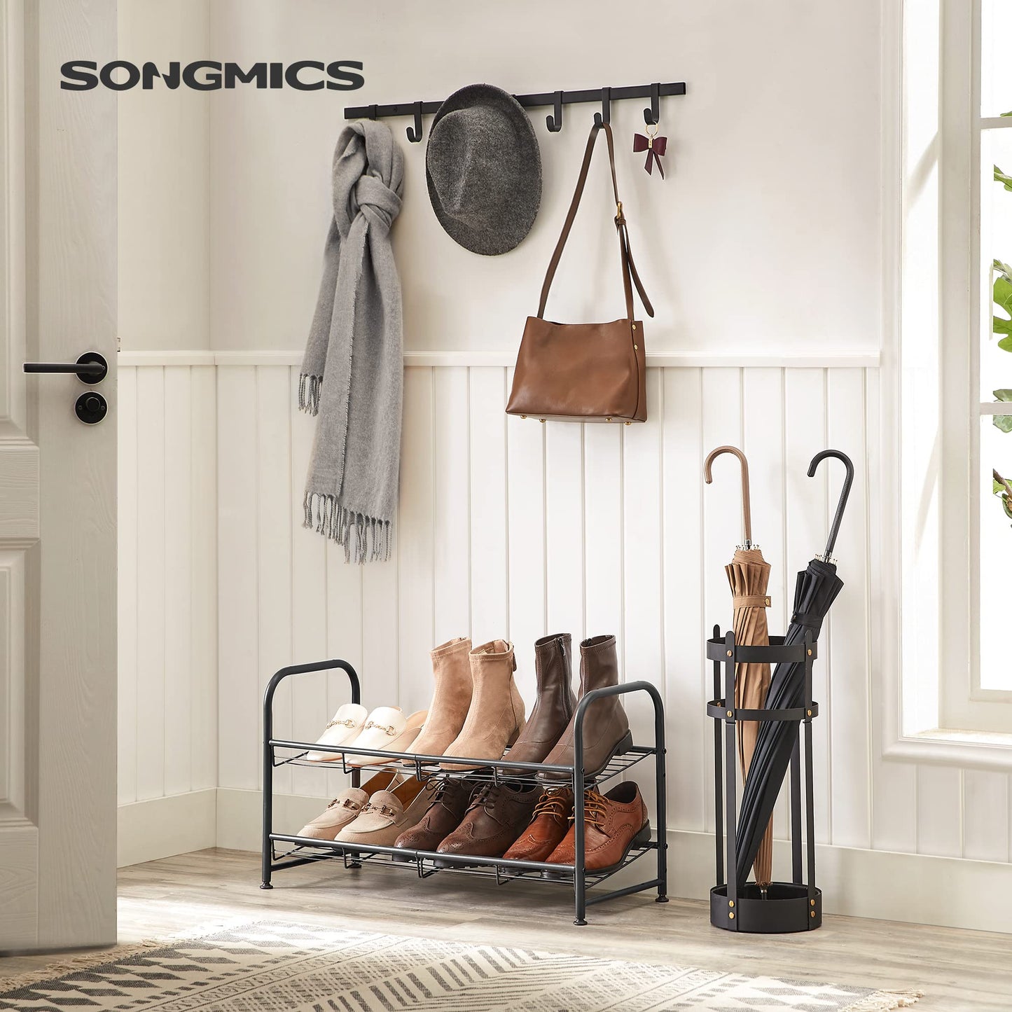 SONGMICS Stackable Shoe Rack, 4 Tier Metal Shoes Rack Storage Shelf, Holds up to 16 Pairs Shoes, Adjustable Slanted Shelves Tower Organizer for Closet Entryway Small Spaces, Bronze