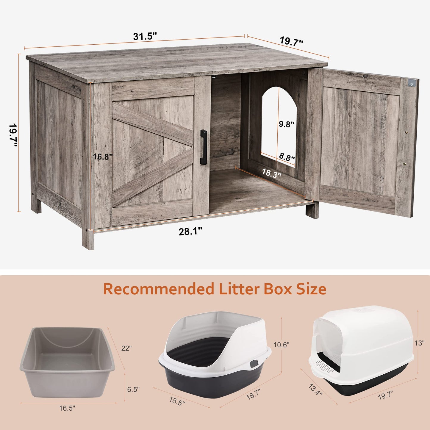 Homhedy Cat Litter Box Enclosure, Wooden Cat Washroom Furniture with Barn Door, Pet House, Fit Most of Litter Box, White