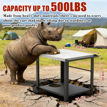 Pizza Oven Table Grill Cart with Topping Station, Grill Table Stand with Wheels for Ninja, Blackstone Griddle, Ooni, Gozney, Cuisinart, Heavy Duty BBQ Prep Cart with Storage Shelf and Hooks