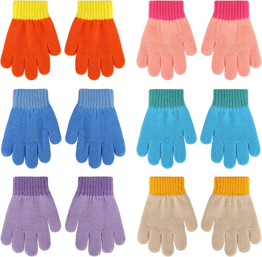 6 Pairs Toddler Knitted Gloves, Kids Winter Cold-proof Gloves Unisex Full Finger Stretch Gloves with Excavator Pattern (Rainbow)