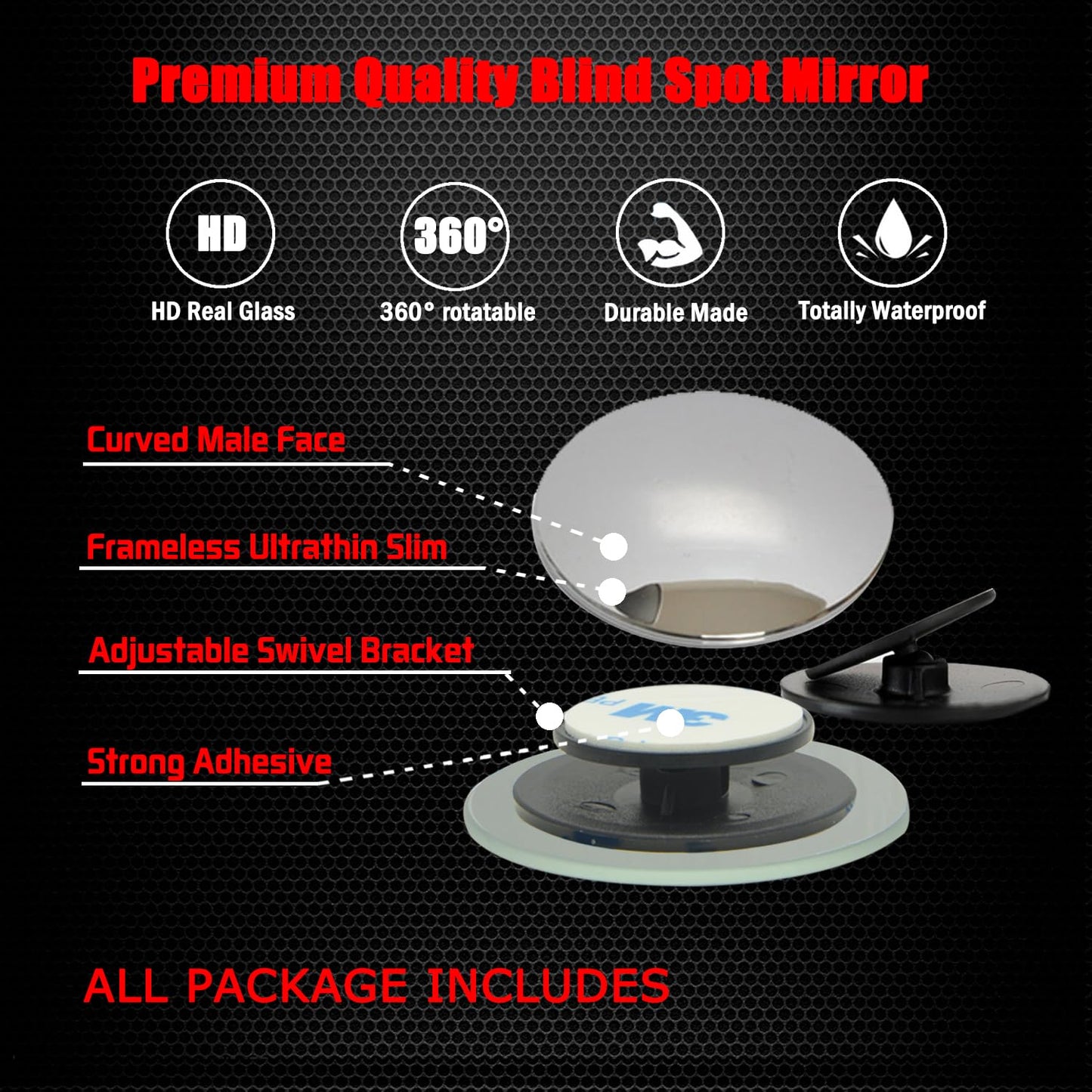 Ampper Blind Spot Mirror, 2" Round HD Glass Frameless Convex Rear View Mirror, Pack of 2