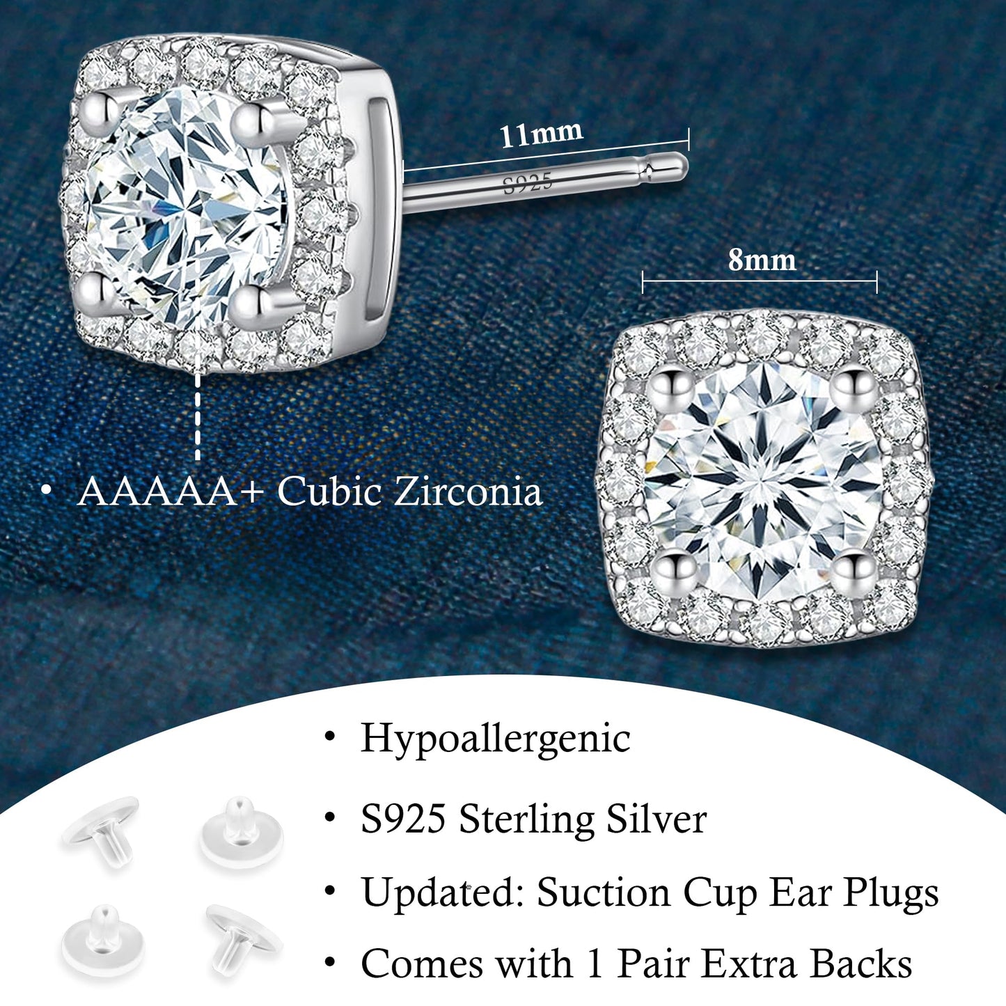 Sereney Dance Ohrringe 925 Sterling Silber Halo Stecker Hypoallergene Ohrringe für Damen, CZ 8 mm Runde Zirkonia Ohrstecker Ohrringe für Herren
