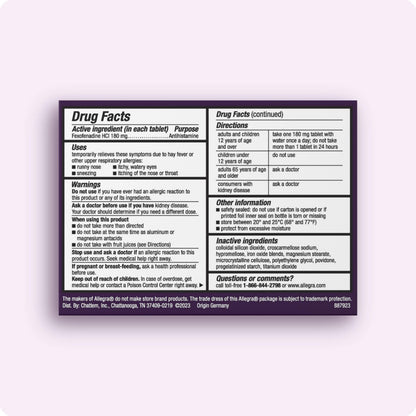 Allegra Adult 24-Hour Allergy Relief Tablets, Non-Drowsy Indoor and Outdoor Allergy Medicine, 180 mg Fexofenadine HCI Antihistamine Pill, 45-Count,(Pack of 2)