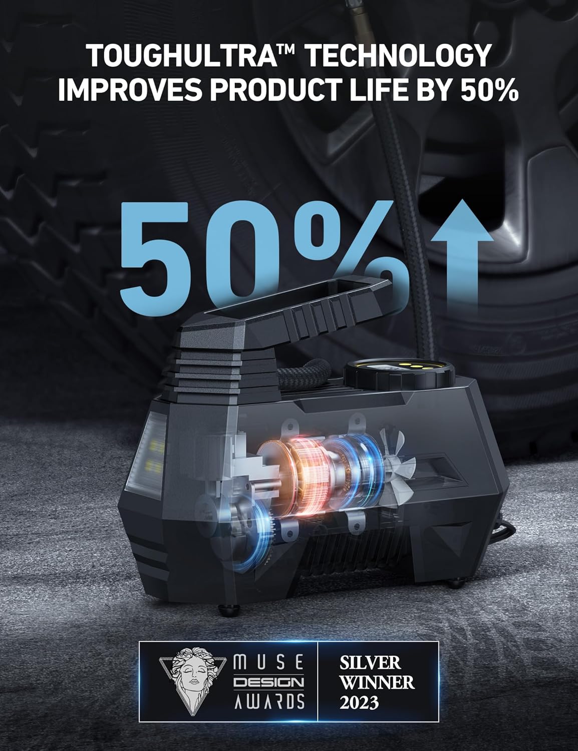 AstroAI Tire Inflator Portable Air Compressor Tire Air Pump for Car Tires - Car Accessories, 12V DC Auto Pump with Digital Pressure Gauge, Emergency LED Light for Bicycle, Balloons, Yellow