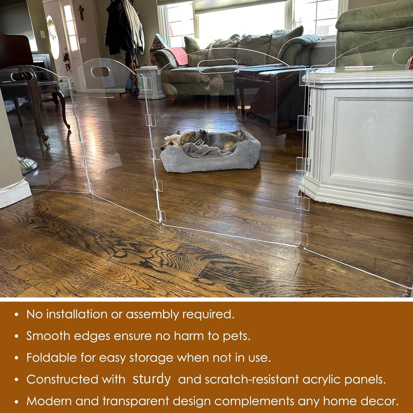 Clear Acrylic Freestanding Dog Gates for the House – Folding 3-Panel Pet Gates for Doorways, Indoor Stairs, and Hallways, Transparent Barrier for Dogs, Puppies, and Cats