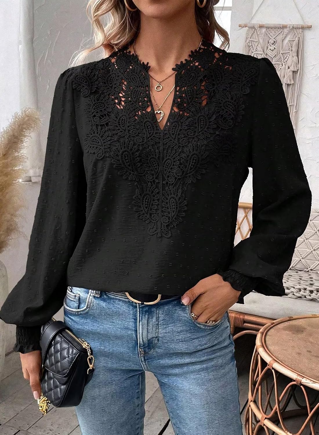 Falechay Womens Tops Swiss Dot Boho Long Sleeve Shirts