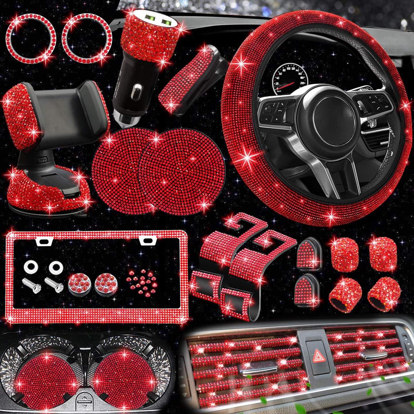 NBTEPEM 27-Piece Bling Car Accessories Set - Universal Fit Steering Wheel Covers, License Plate Frames, Phone Holder, Car Fast Charger, Coasters (Pink)
