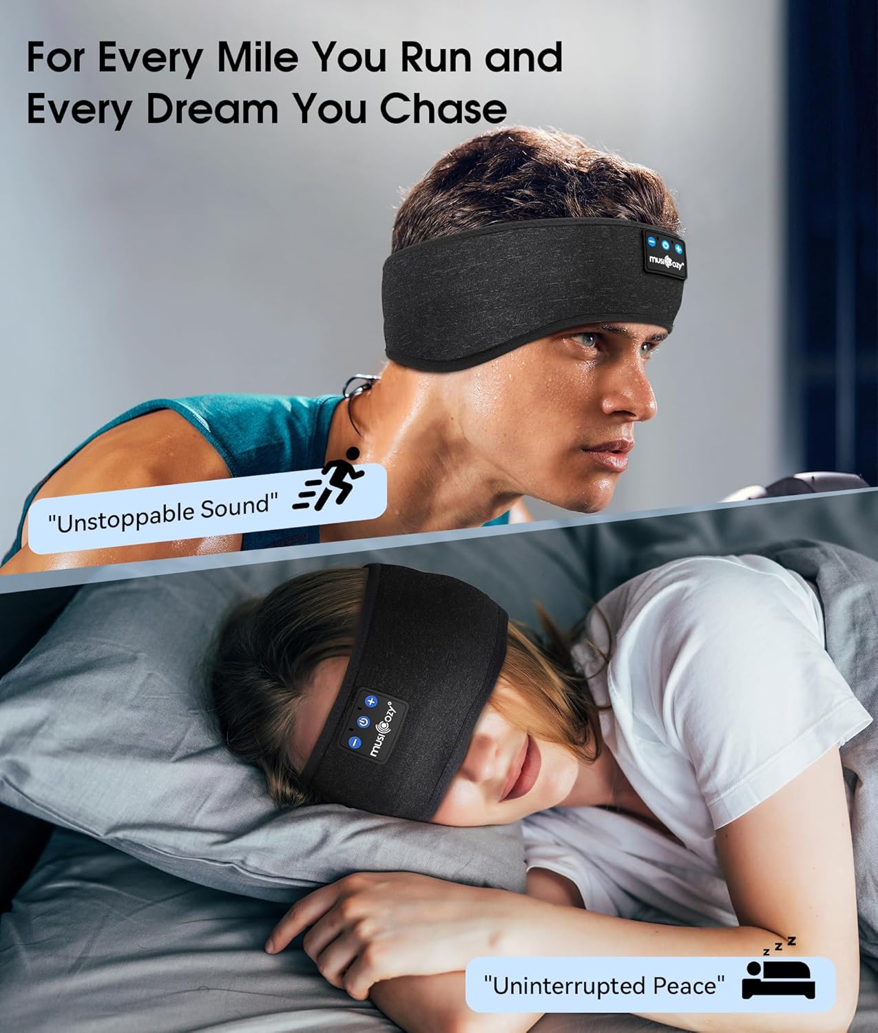 MUSICOZY Bluetooth 5.4 Schlaf-Kopfhörer-Stirnband, kabellose Schlaf-Kopfhörer-Schlafmaske Ohrhörer IPX6 wasserdicht für Seitenschläfer, Training, Laufen, Schlaflosigkeit, Reisen, Yoga, coole Tech-Gadgets, einzigartiges Geschenk