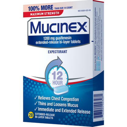 Mucinex Maximum Strength 12 Hour Chest Congestion Expectorant Relief Tablets, 1200 mg, 28 Count, Thins & Loosens Mucus (Pack of 3)
