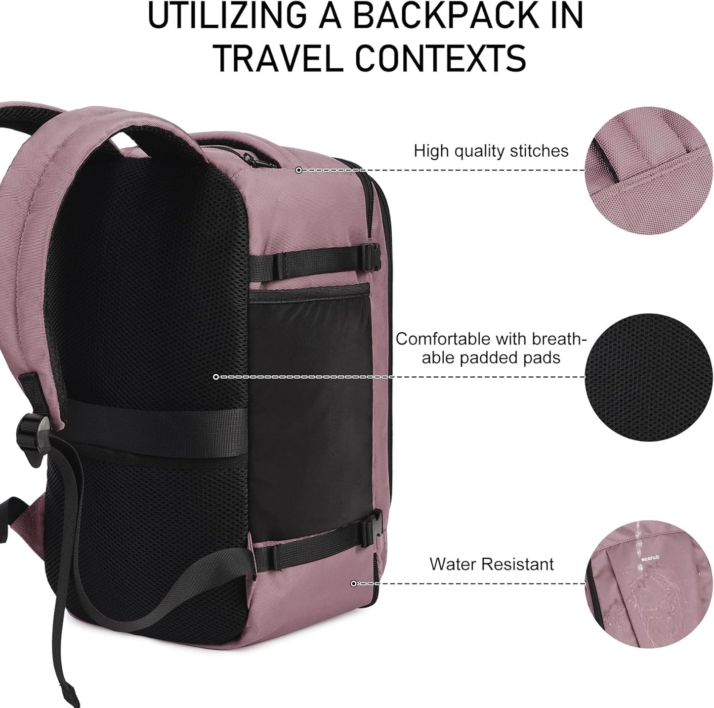 ECOHUB 16'' Reise-Rucksack Handgepäck Unterseat-Rucksack Persönlicher Gegenstand Flugzeug-Reisetasche mit 13 Taschen Handgepäck Flaschenhalter USB-Ladeanschluss Casual Daypack für Frauen Männer Schwarz