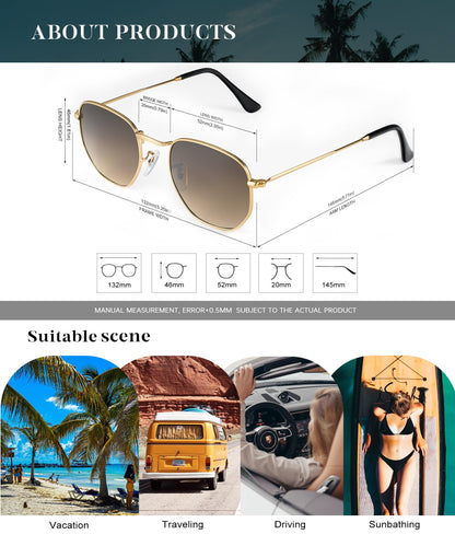 KALIYADI Sonnenbrillen für Damen und Herren Polarisiert Hexagon Damensonnenbrillen Trendy Metallrahmen UV-Schutz (Gold Rahmen Grau Linse)
