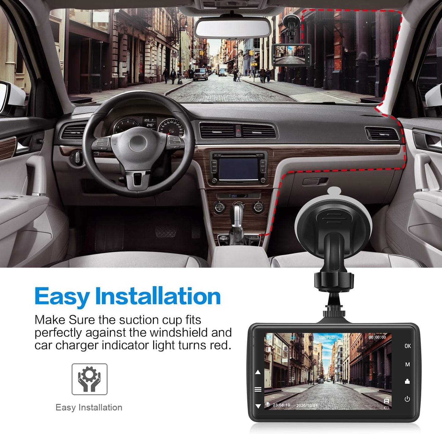 Dashcam Front mit 32G SD-Karte, BOOGIIO 1080P FHD Auto Armaturenbrett Kamera 3'' IPS-Bildschirm 170° Weitwinkel Aluminiumlegierungsgehäuse, WDR G-Sensor Parküberwachung Loop-Aufnahme Bewegungserkennung