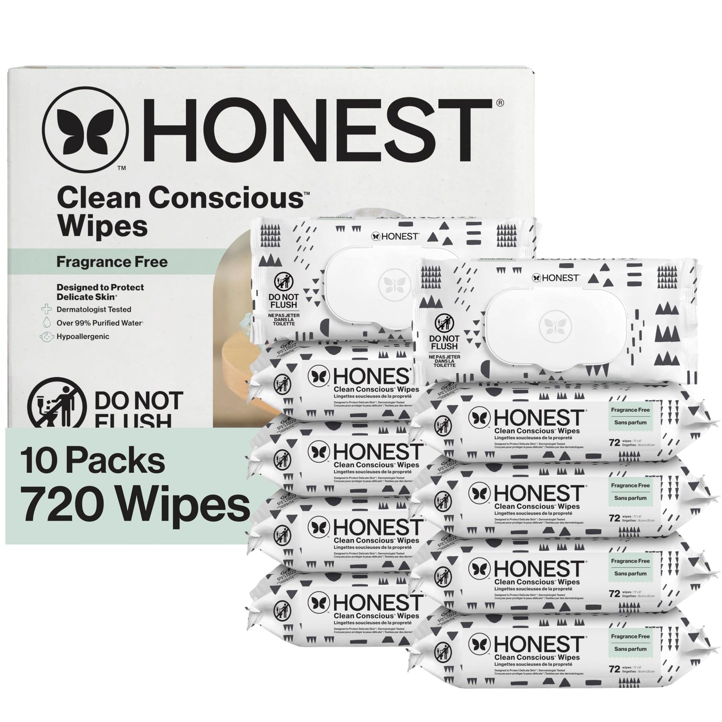 The Honest Company Clean Conscious Unscented Wipes | Over 99% Water, Compostable, Plant-Based, Baby Wipes | Hypoallergenic for Sensitive Skin, EWG Verified | Pattern Play, 576 Count