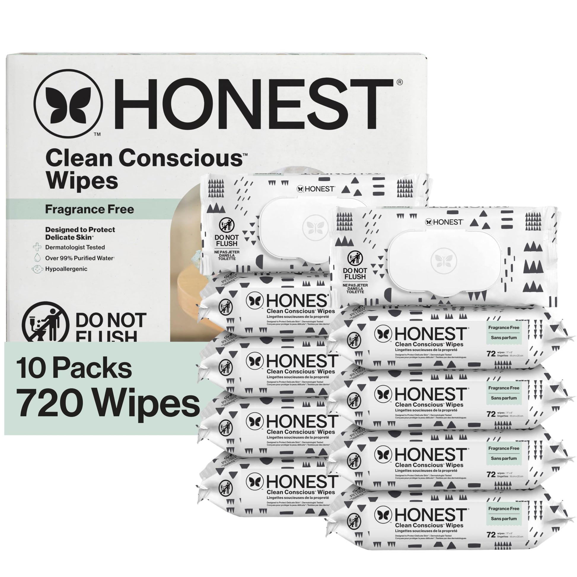 The Honest Company Clean Conscious Unscented Wipes | Over 99% Water, Compostable, Plant-Based, Baby Wipes | Hypoallergenic for Sensitive Skin, EWG Verified | Pattern Play, 576 Count