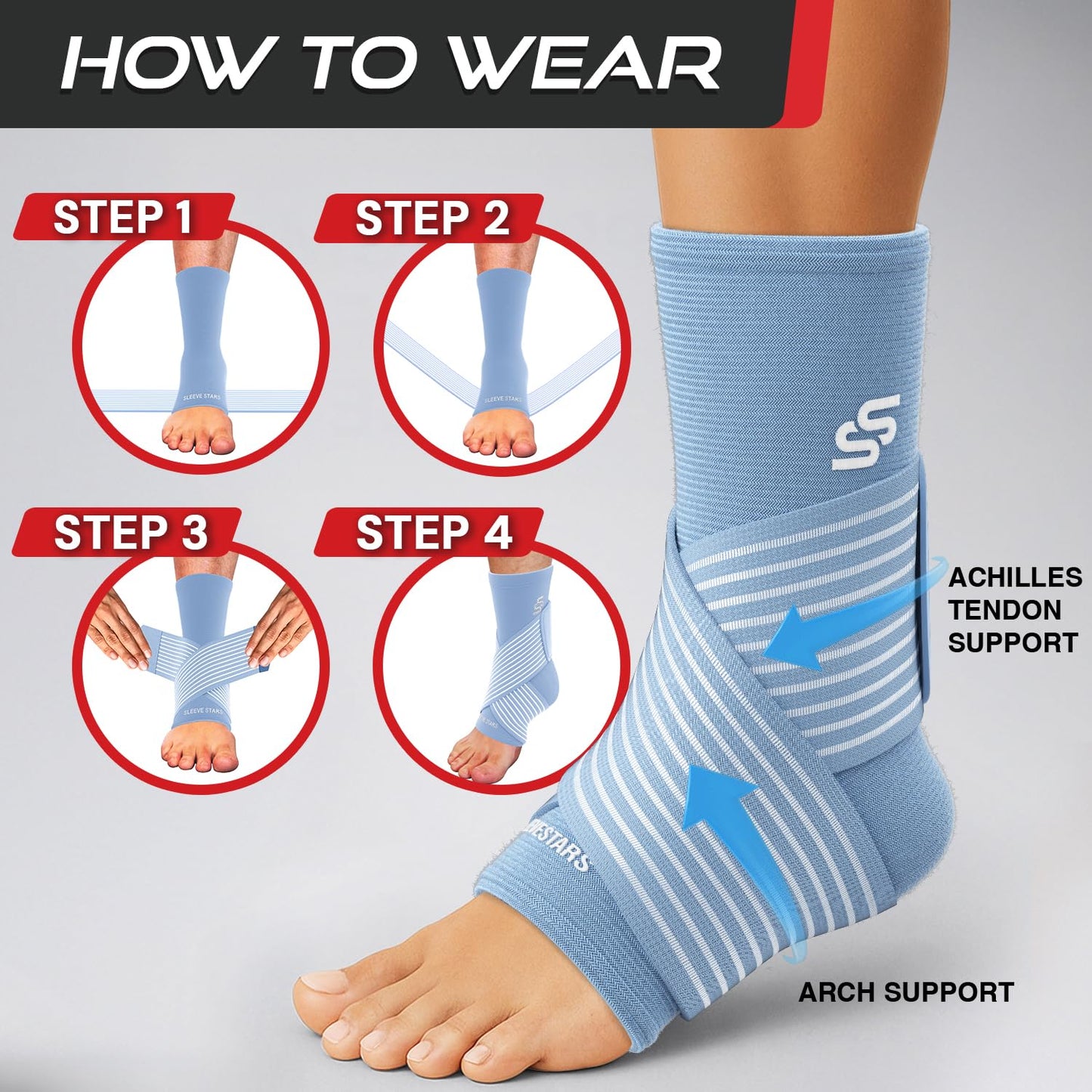 Sleeve Stars Knöchelbandage für Damen & Herren, Knöchelwickel für Verstauchungen, Kompressionsmanschette zur Linderung von Plantarfasziitis, Leicht anpassbare Unterstützung: mit abnehmbarem Gurt (Einzeln/M:25-30cm/Schwarz)