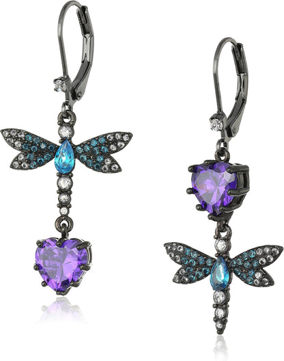 Betsey Johnson CZ & Butterfly Double Mismatch Drop Earring
