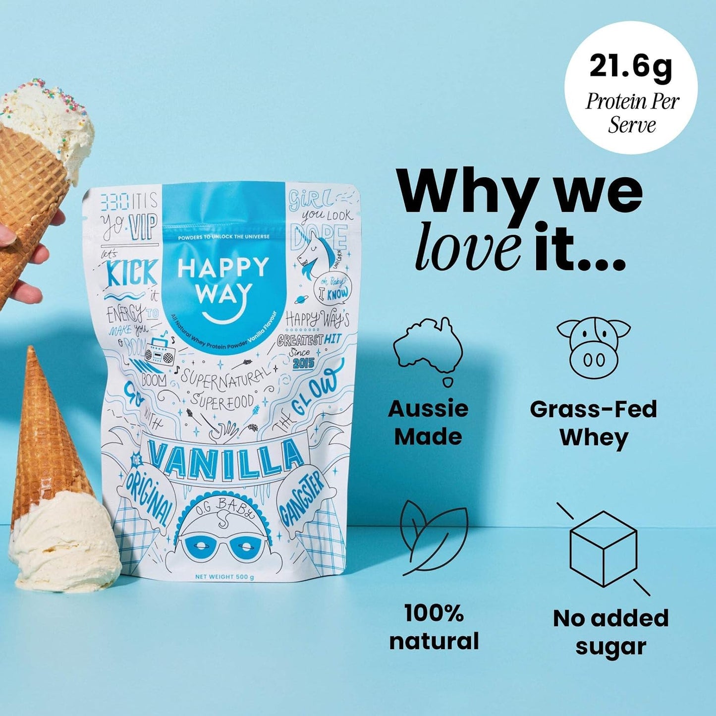 HAPPY WAY Vanilla Whey Protein Powder - 1kg | Smooth Vanilla Essence | Supports Toning & Muscle Recovery | Ideal for Shakes, Smoothies & Healthy Recipes